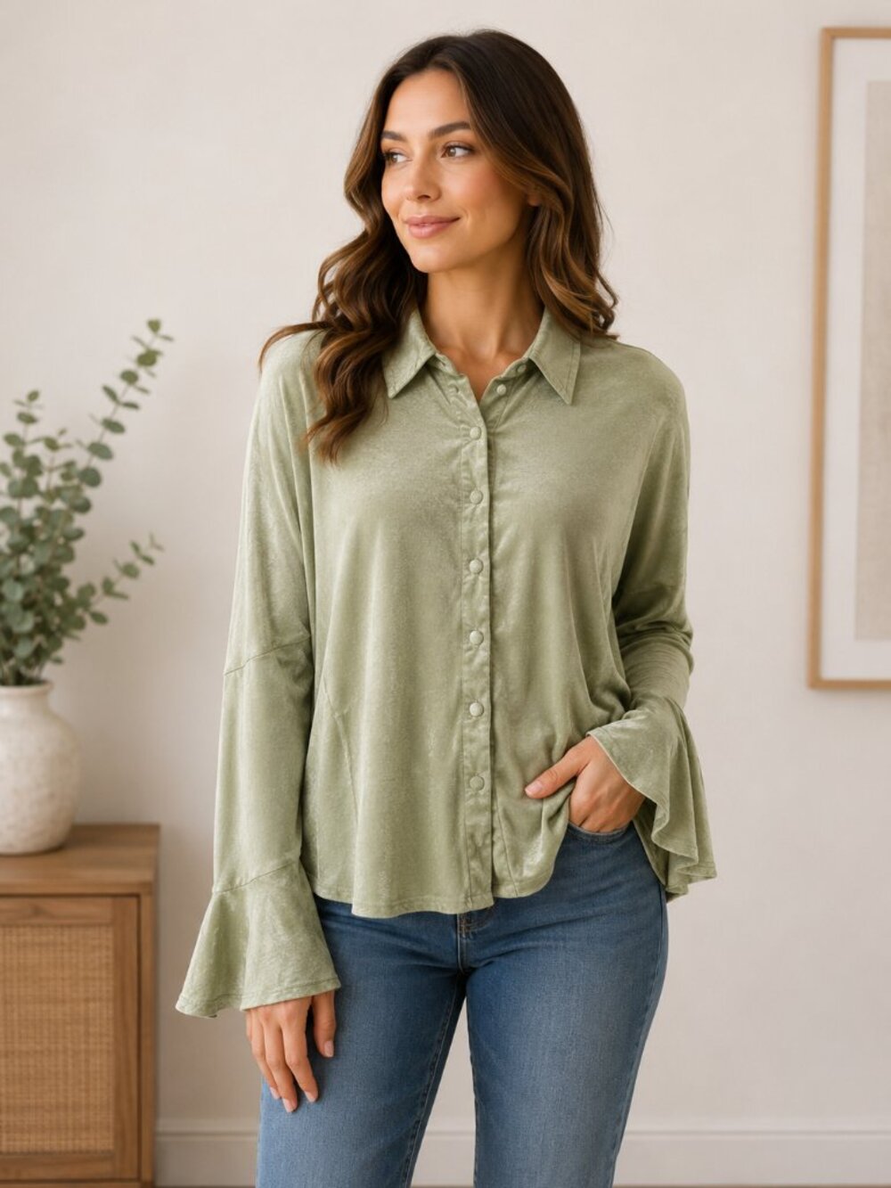 Cider Women's Sage Green Button Front Collared Knit Top Long Sleeve 3XL
